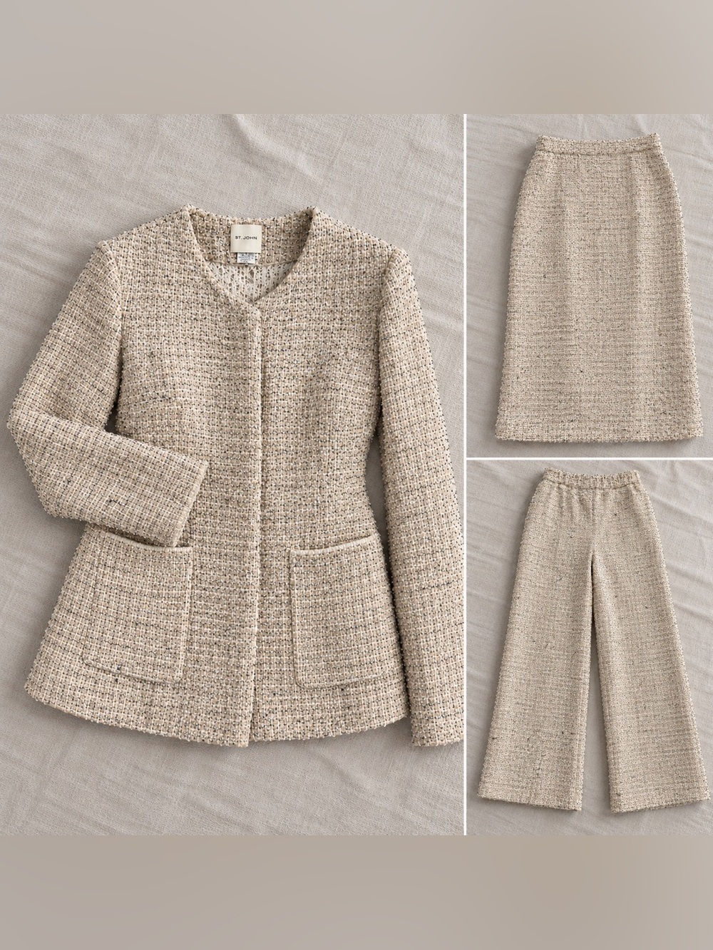 ST. JOHN 3-Piece Metallic Tweed Knit Jacket, Skirt & Trousers Set- Size 6